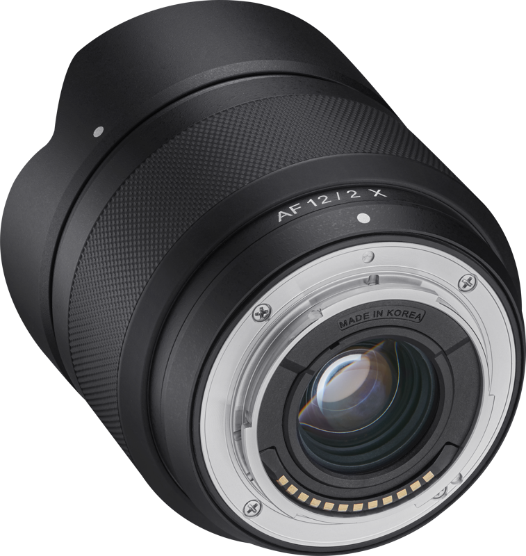 Rear mount view of 12mm f/2.0 AF lens for Fuji X, glass element and AF 12/2 X ring