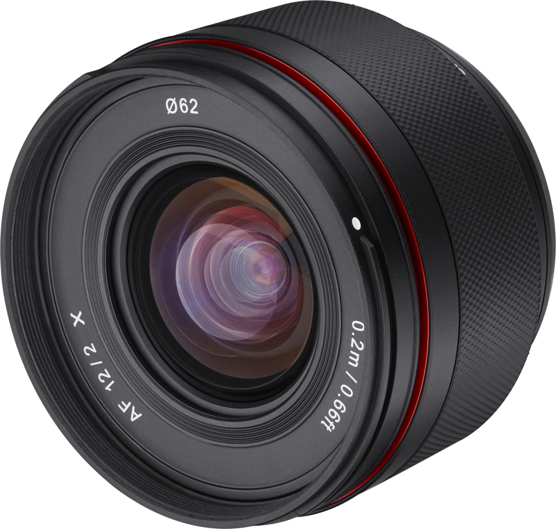 Front glass of 12mm f/2.0 AF lens, black housing with red ring and Ø62 marking
