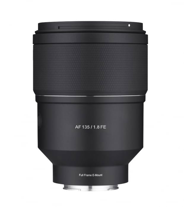 Black 135mm f/1.8 AF lens for Sony FE, front and rear, Full Frame E-Mount