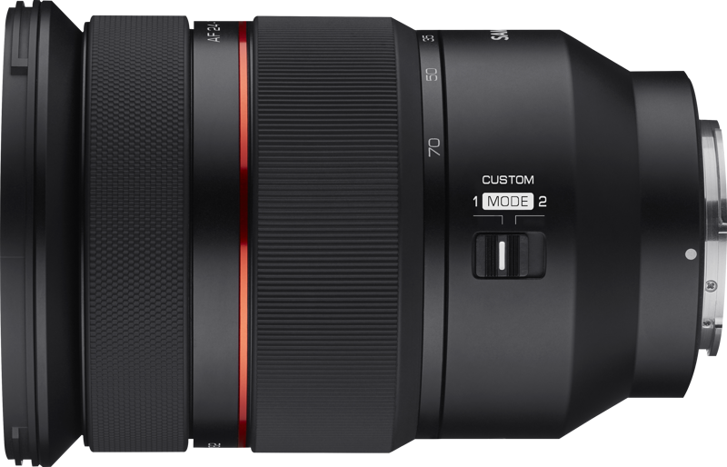 24-70mm f/2.8 FE lens side view with CUSTOM MODE 1/2 switch and zoom scale