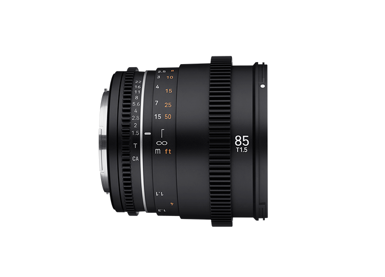 Side view of 85mm T1.5 MFT camera lens with ribbed focus ring and engraved numbers