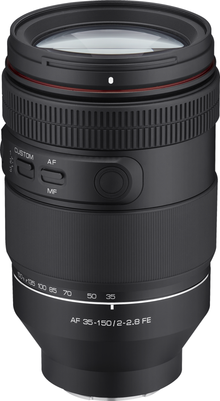 AF 35-150mm F2-2.8 FE camera zoom lens with front glass and textured grip