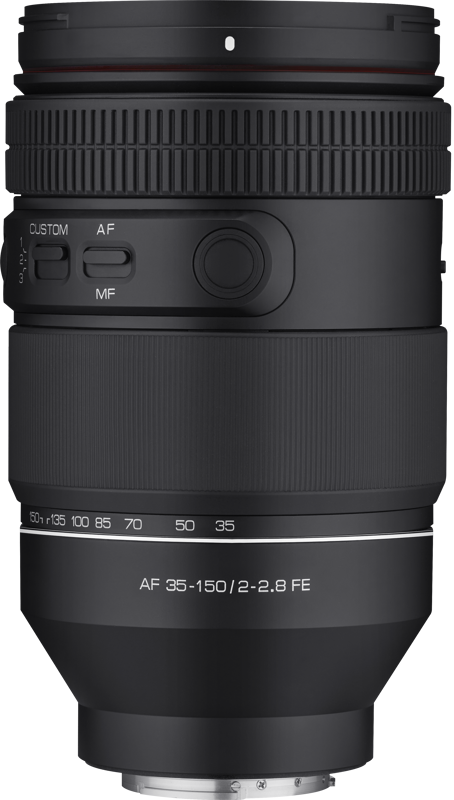 AF 35-150mm F2-2.8 FE lens showing control dial area and engraved distance marks