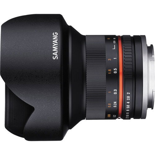 Black lens side view with hood and ribbed focus ring, red scale detail