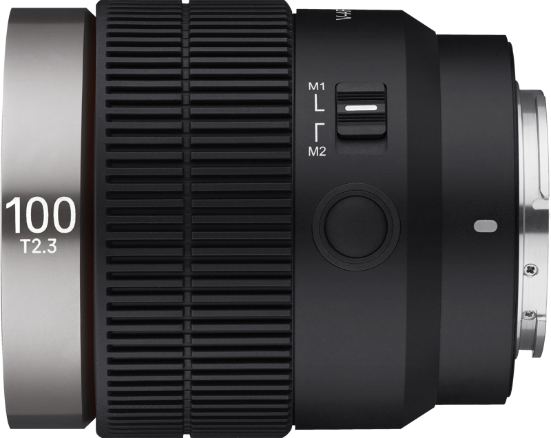 V-AF 100mm T2.3 FE lens, side view with markings and textured grip