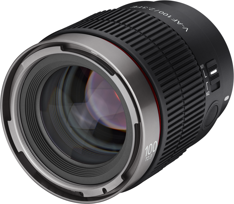 V-AF 100mm T2.3 FE lens, angled front with red ring and lens glass