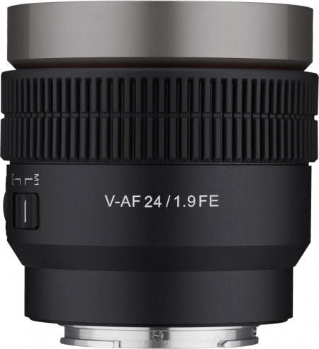 V-AF 24mm T1.9 FE lens three-quarter view with hood, front text, and silver mount