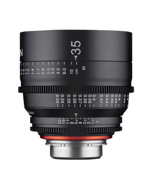 Black 35mm T1.5 MFT cinema lens with front ring markings and red alignment band