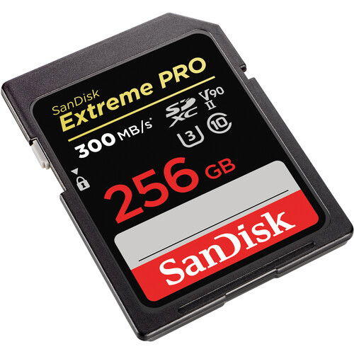 Angled Extreme PRO SDXC UHS-II 256GB memory card, 300MB/s V90