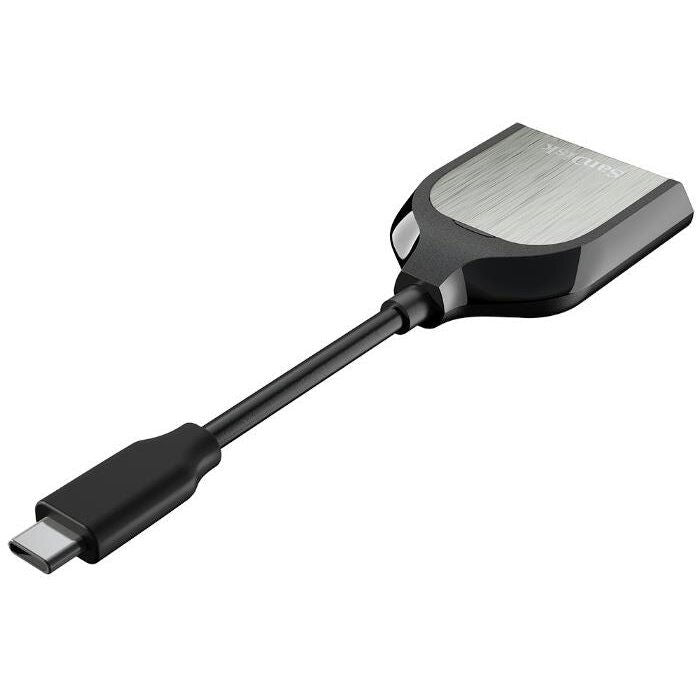 SD UHS-II card reader with USB-C connector, brushed metal top and black body
