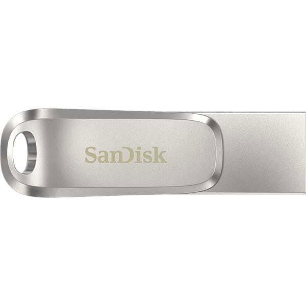 Silver USB-A connector side of dual drive, metal body, keyring hole