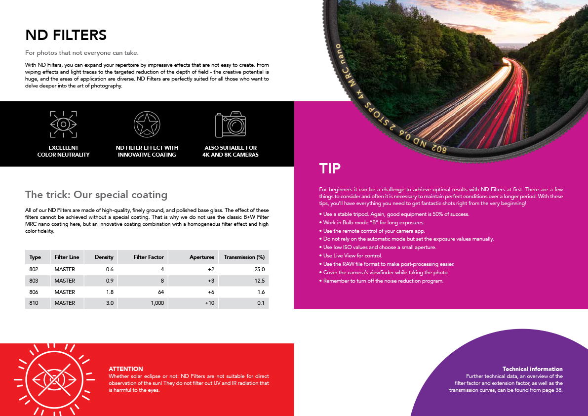 ND filters info sheet for 82mm ND1000: tips, table specs, and usage notes