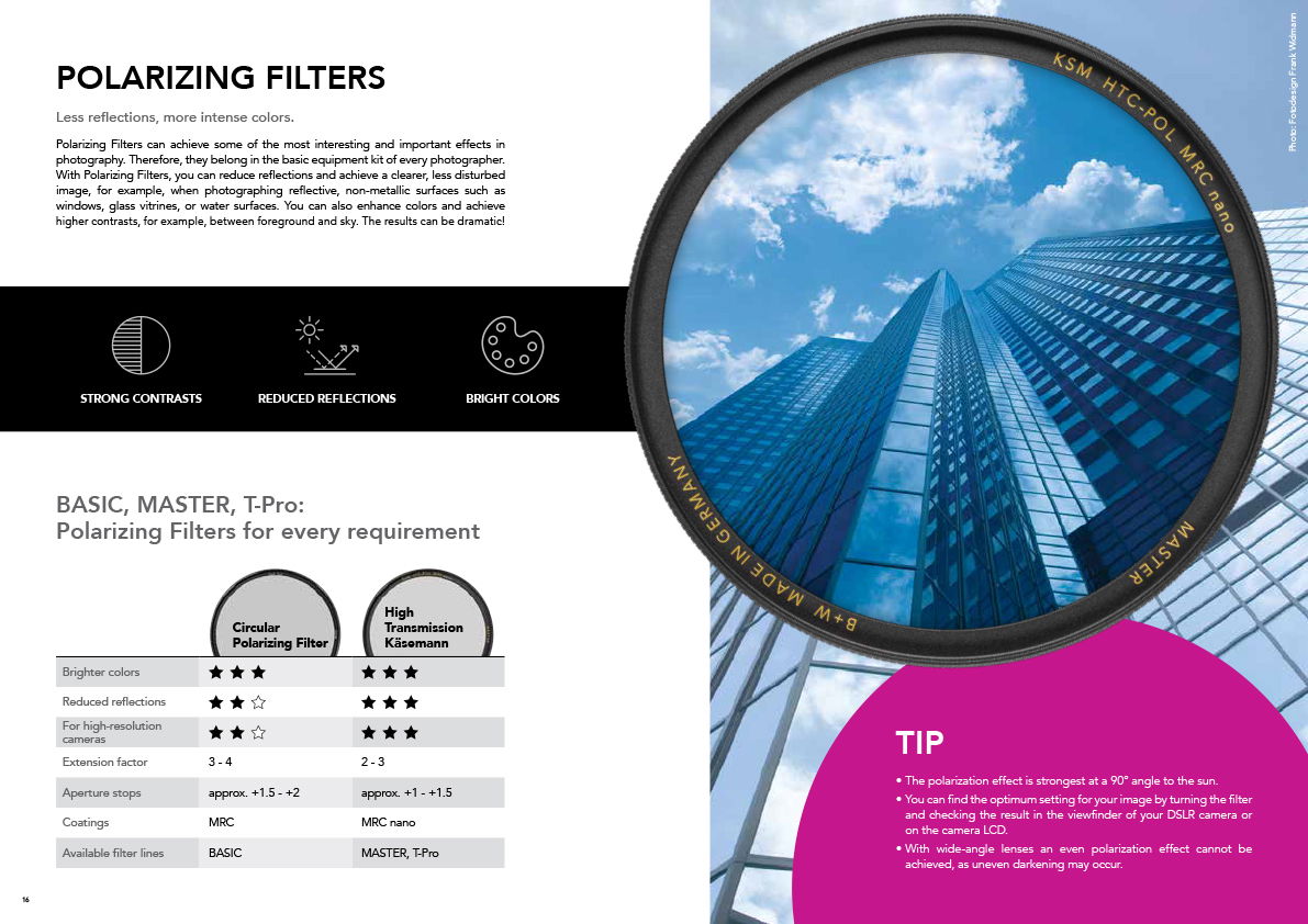 62mm MRC Basic polarizing filter shown with infographic of filter benefits