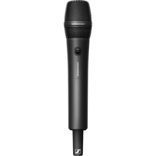 Black handheld wireless microphone with grille head and body, power indicator