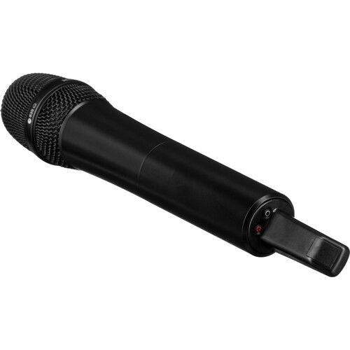 Black handheld wireless microphone, angled view with grille head and controls