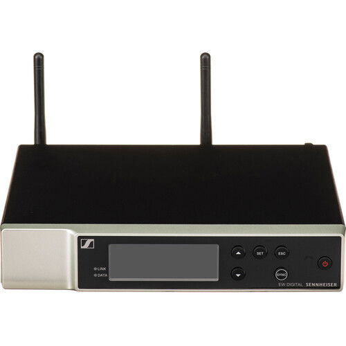 Wireless receiver front view with LCD display and control buttons, two antennas