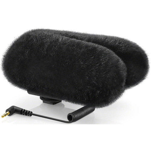 Stereo shotgun microphone with black fluffy windscreen and attached audio cable
