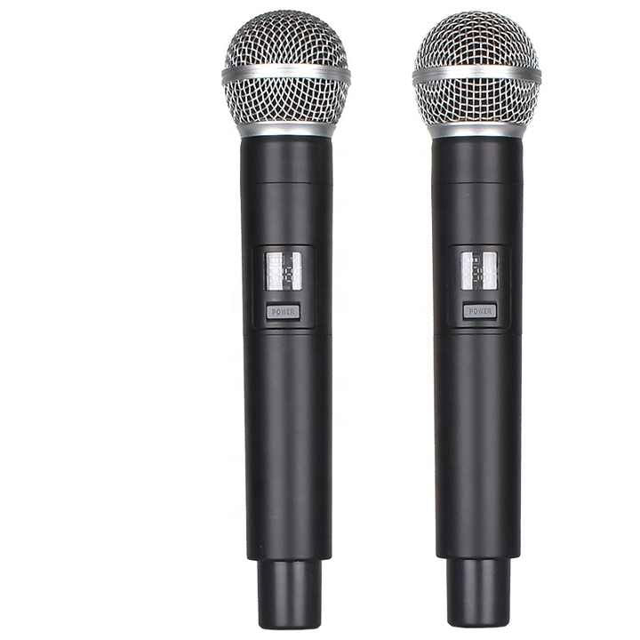 Two wireless handheld microphones with silver mesh grille and black handle bodies