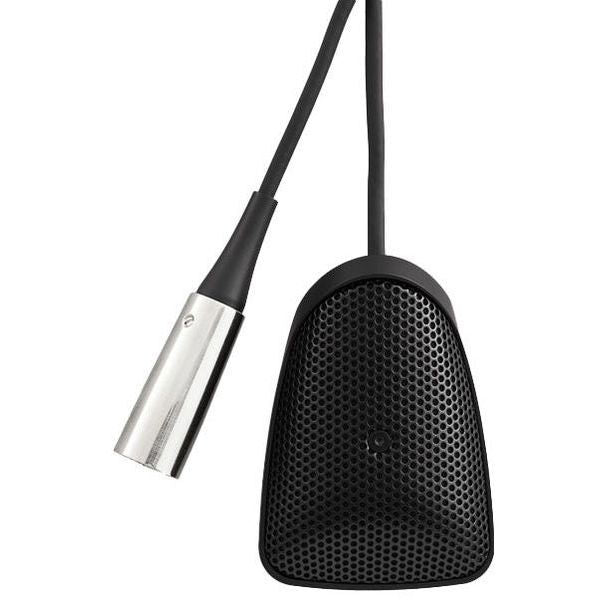 Conference microphone base with mesh grille and attached cable, black and silver