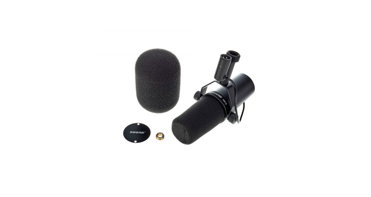 Broadcast microphone with foam windscreens and round base, angled front view