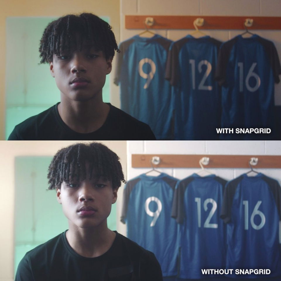SNAPGRID backdrop grid in studio lighting, split comparison view