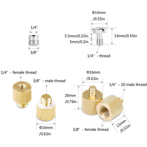 Gold adapter bushings showing 1/4" and 3/8" male/female threads and dimensions