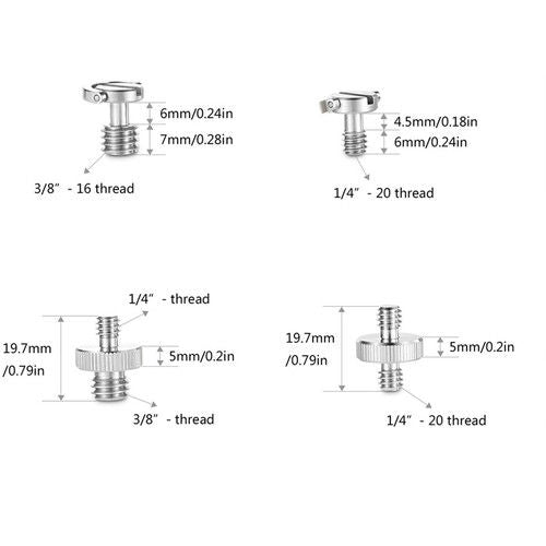 Thread adapters labeled 1/4-20, 3/8, and 3/8-16 with height measurements