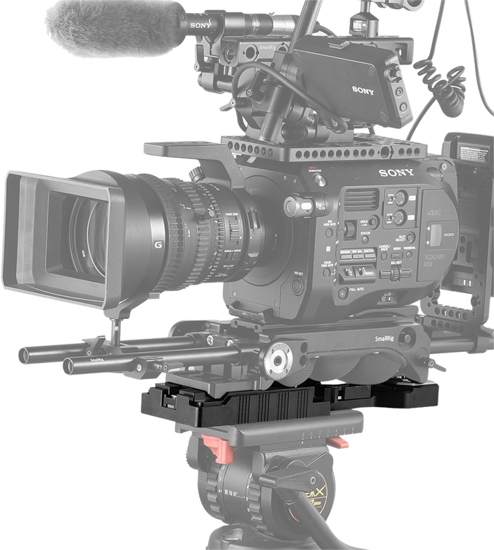 QR tripod plate attached to a video camera rig for tripod mounting