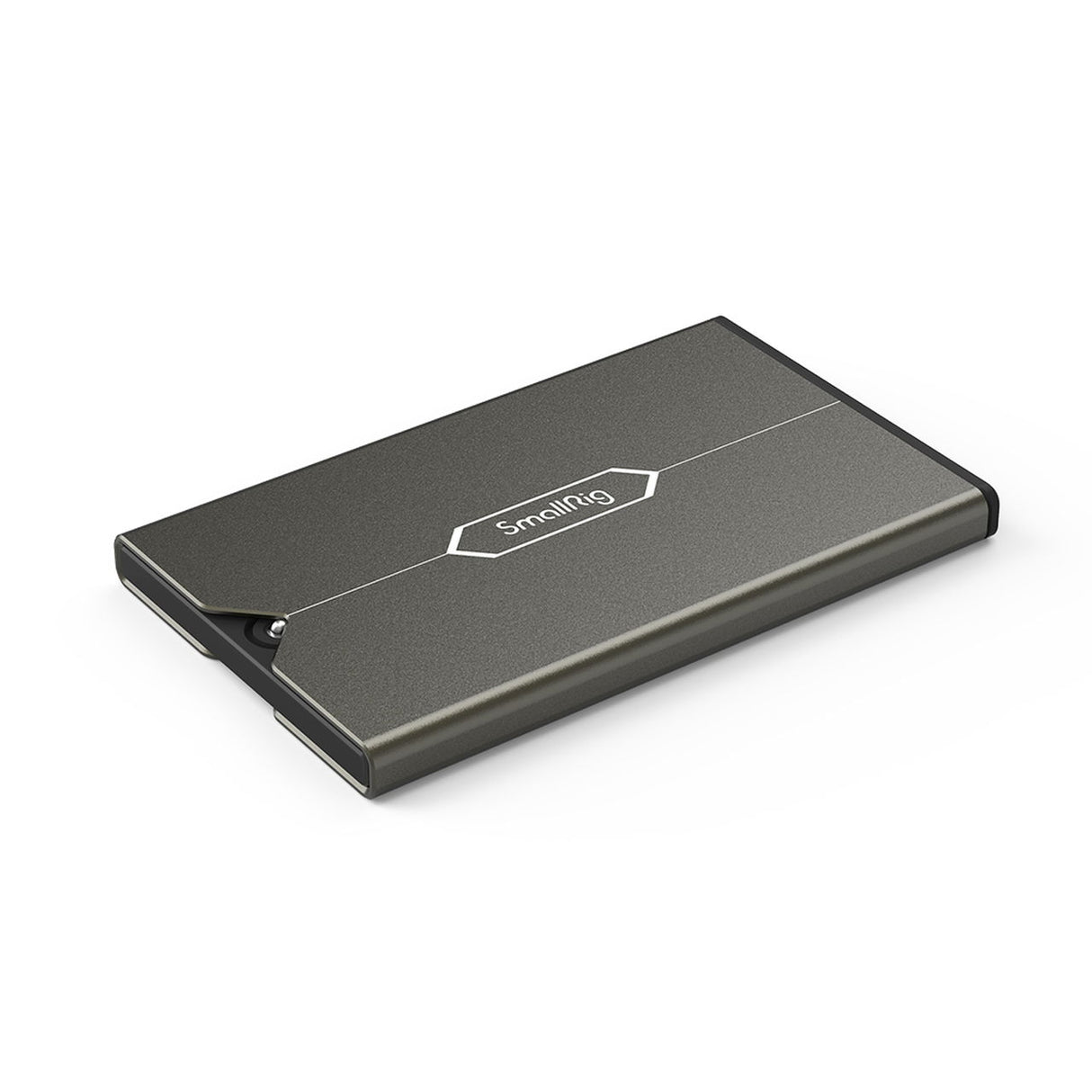 Compact gray memory card case with hinged lid, closed, logo on top