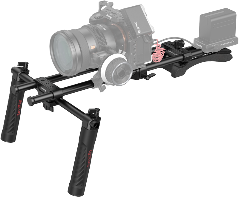 Shoulder rig for camera with two handgrips, long rails, and mounting platform