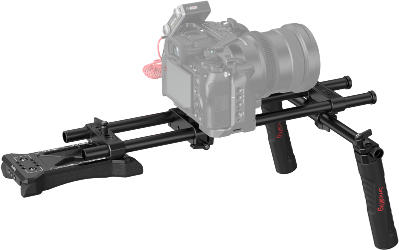 Shoulder camera support bar with base plate and right-side grip handles