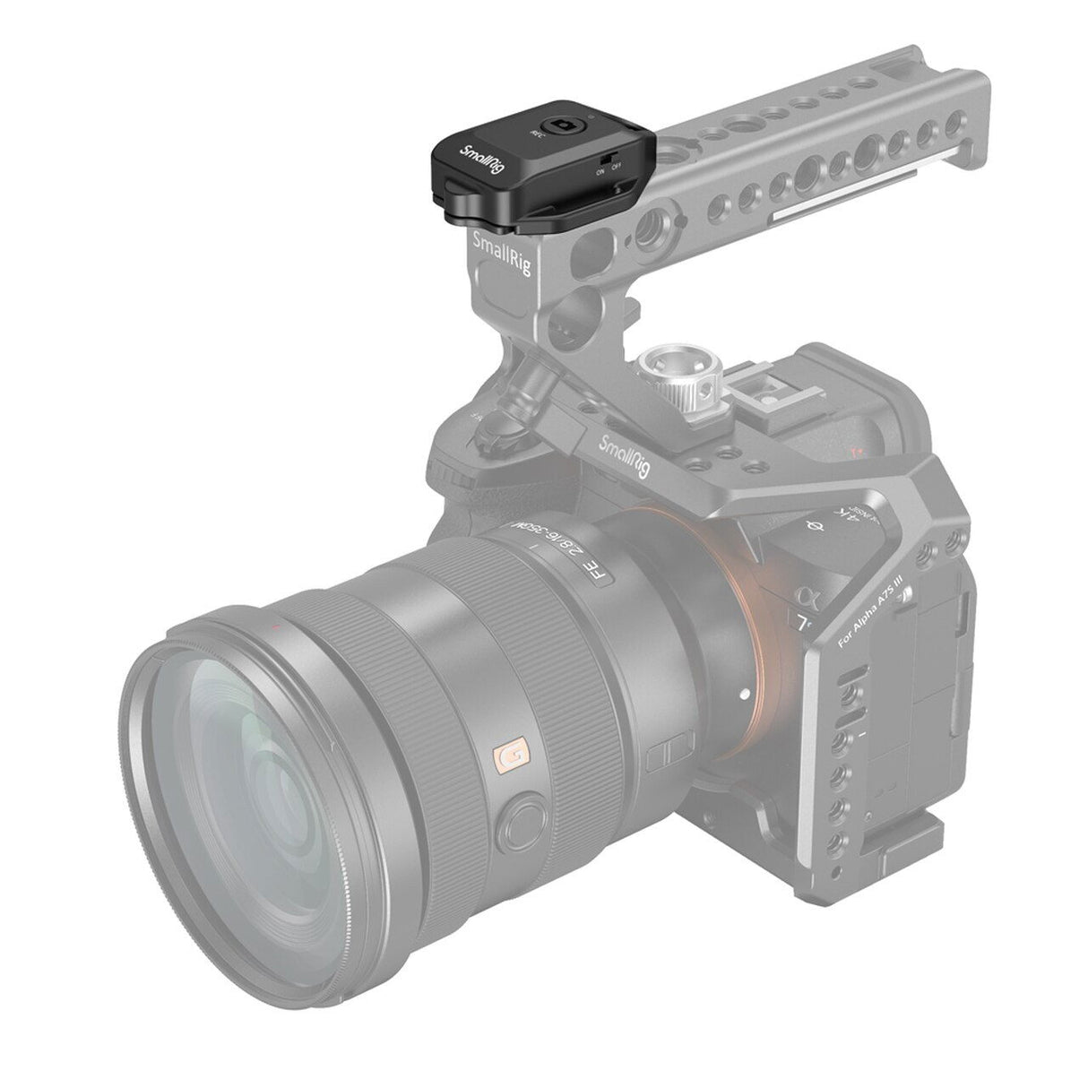 Wireless Sony camera remote and top accessory on metal camera cage, black and gray
