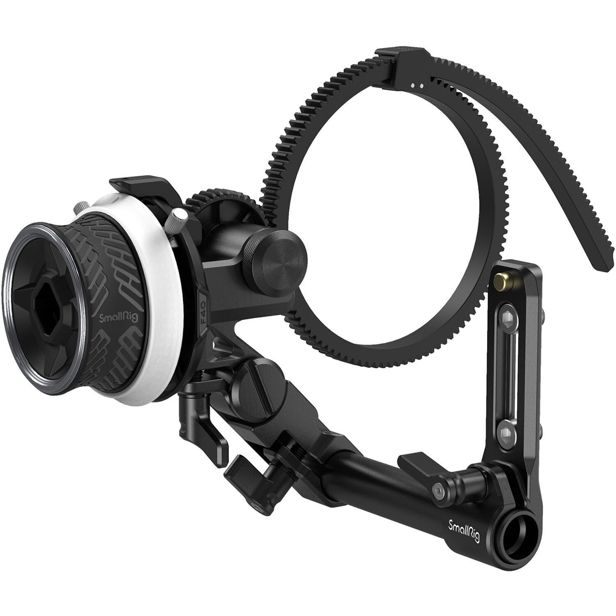 Follow focus handwheel and focus ring on compact rig, black and silver