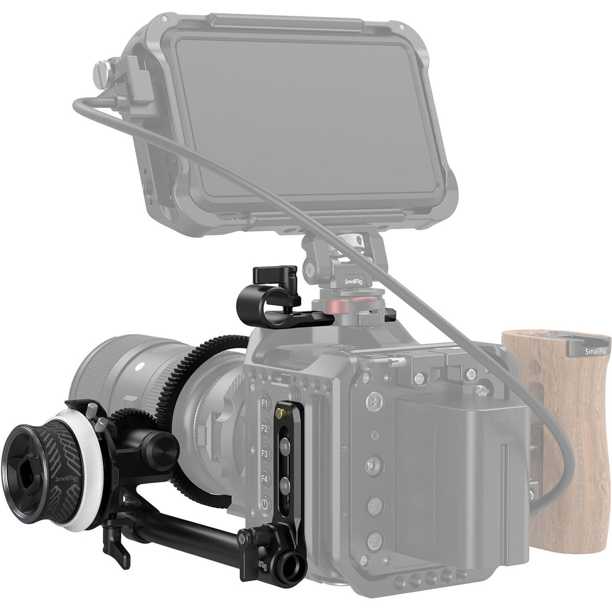 Mounted follow focus with adjustment knob and gear focus ring, shown in profile