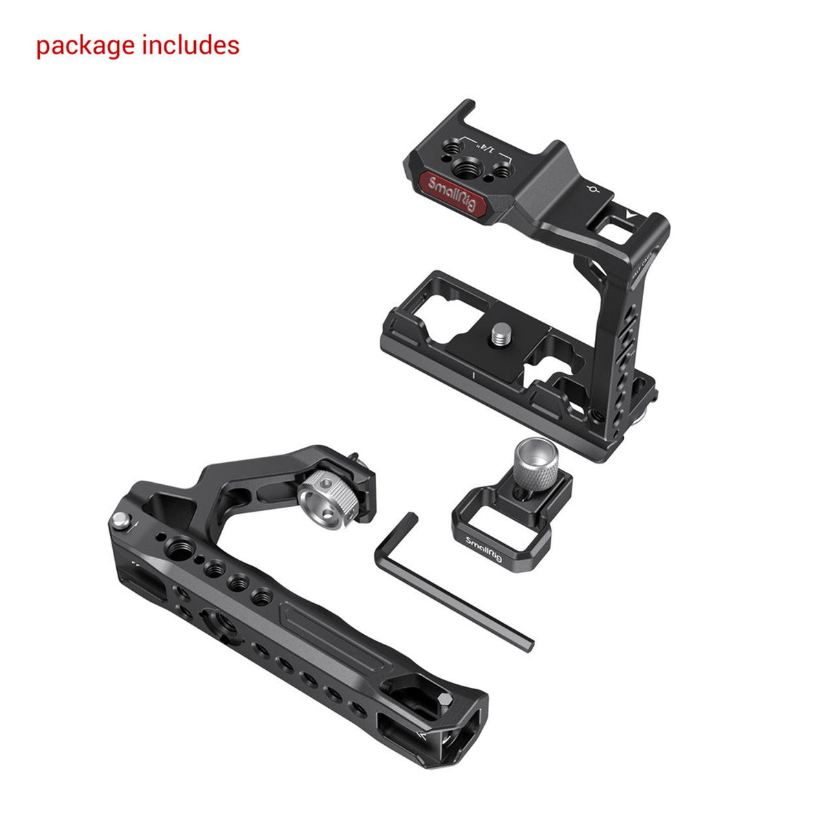 Half cage components: base plate, side frame, handle mount, and accessories, black