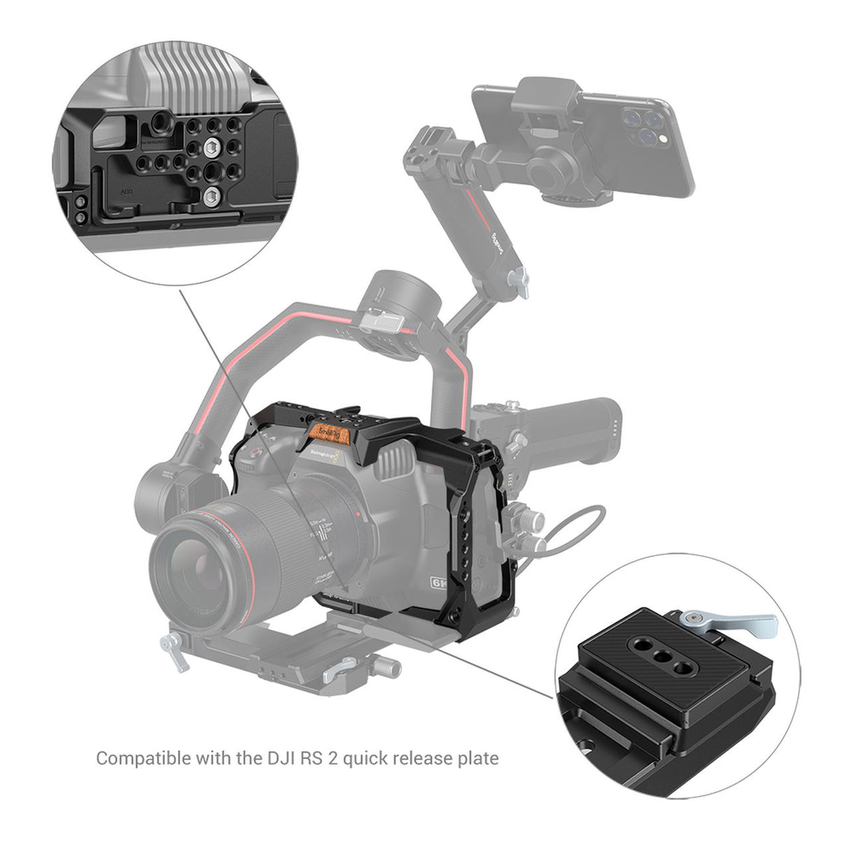 Camera rig cage with quick-release plate detail and accessory mounting holes