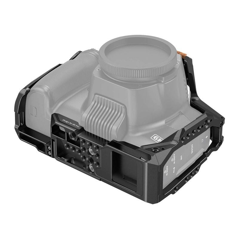 Side view of black camera cage with multiple port cutouts and mounting rails
