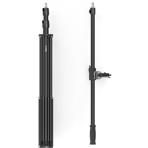 Tall tripod light stand with boom arm and side handle clamp