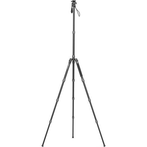 Black video tripod fully extended with three legs and top head mount
