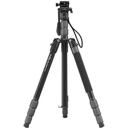 Video tripod with fluid head and three folding leg sections in black