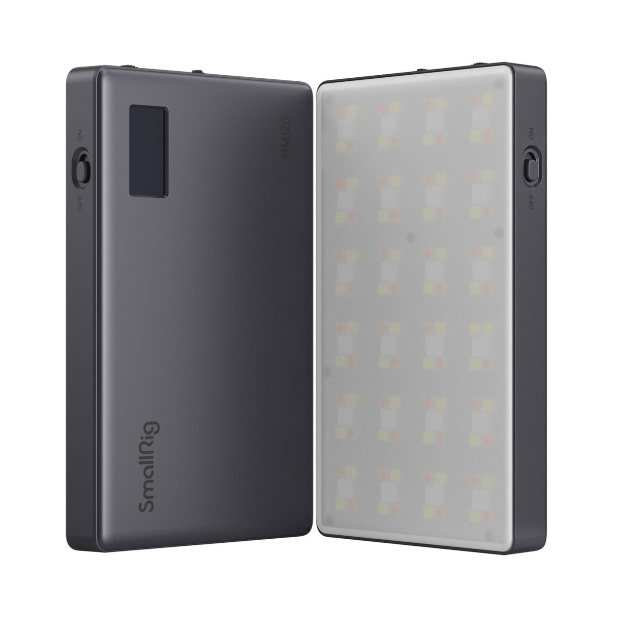 Small LED video light with dark body and visible LED panel, lens window on front