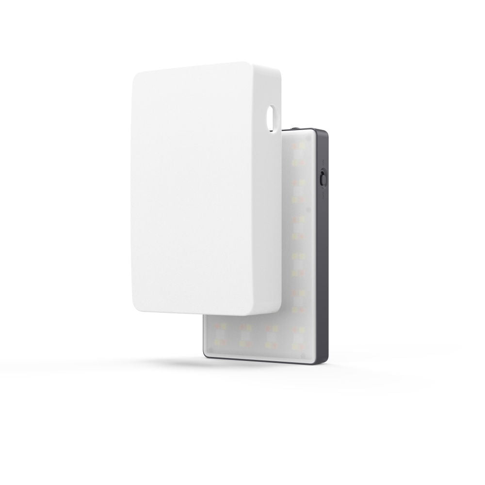 Fold-out LED video light with white cover and dark side housing