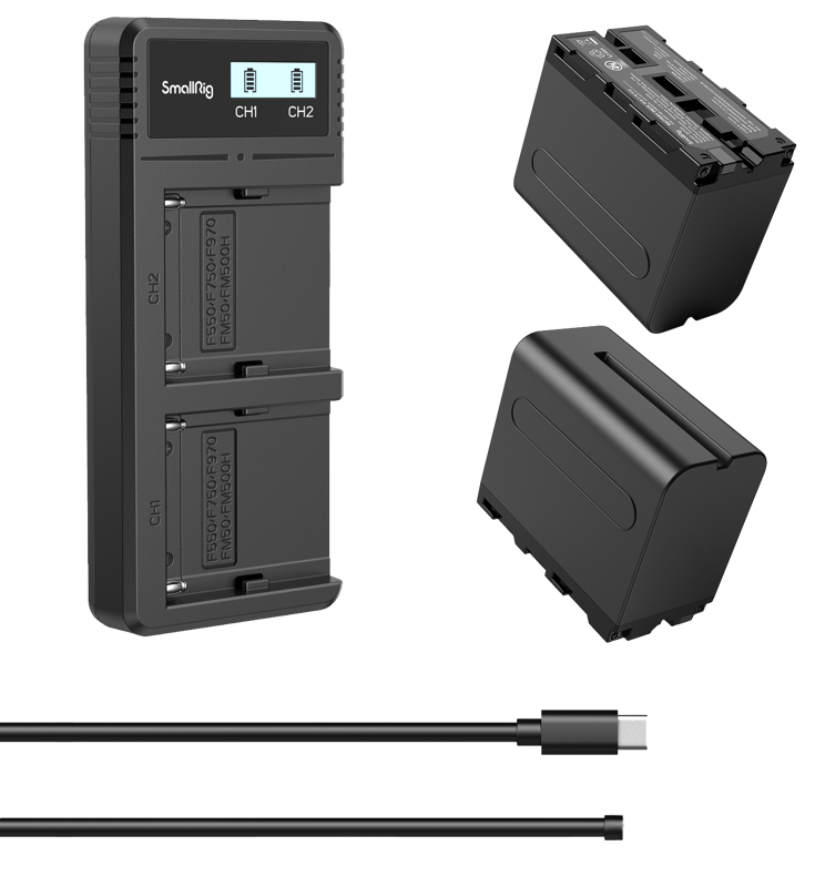 NP-F970 battery & charger kit: dual-slot charger with two battery packs attached