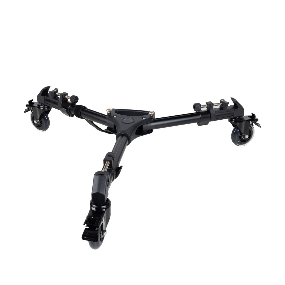 Universal camera dolly rig with three caster wheels and side handle, black