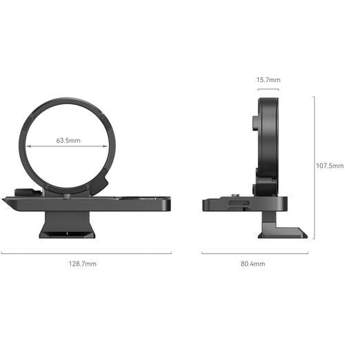 Rotating horizontal-vertical camera mounting plate dimensions with front and side measurements