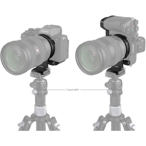 Rotating horizontal-vertical mounting plate kit on tripod shown from front and side