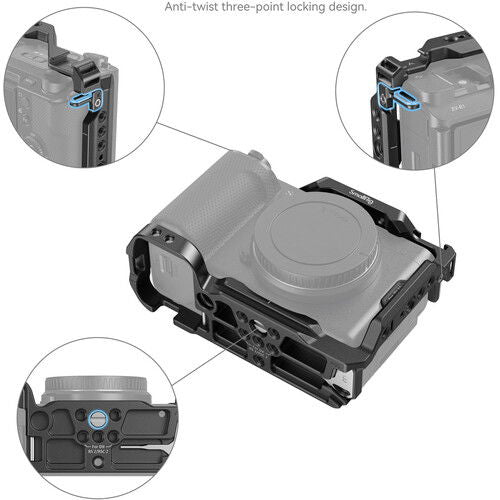 Camera cage with anti-twist three-point locking and side cutouts for camera controls