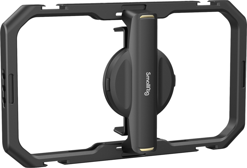Universal quick release phone cage with hinged handle and protective frame, black.