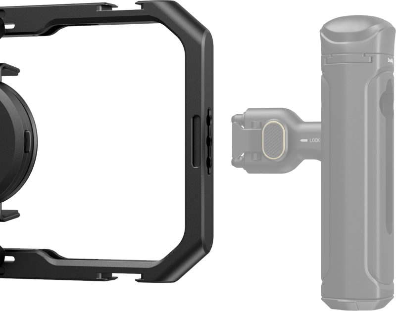 Black and light-gray phone cage with lock switch and side mounting points.