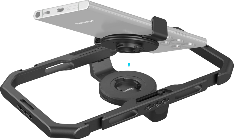 Phone cage showing top plate and circular quick-release base for mounting phones.